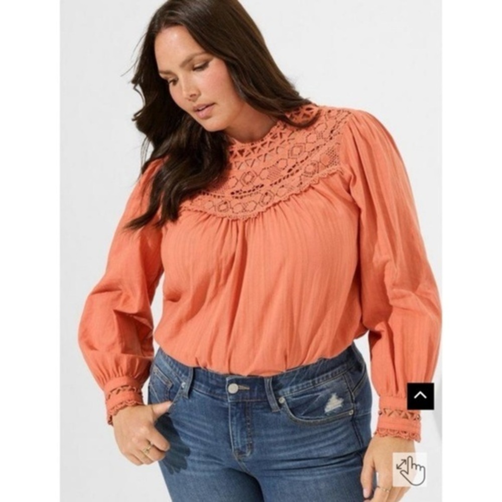 Torrid Boho Apricot Brandy Cotton Lace Trim Yoke Blouson Sleeve Top 4X #886